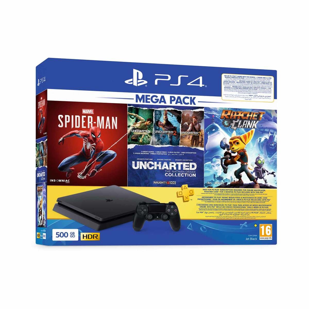 Sony PlayStation4 500GB + Spider-Man + Uncharted Collection + Ratchet&Clank + Sony PlayStation Plus-90 Days Subscription