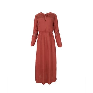 Reo Women's  Lace Yoke Long Dress D9W818A Long Sleeve Brown 10 Small