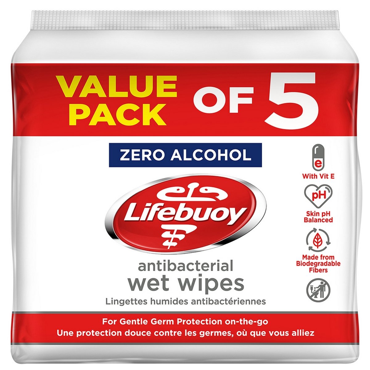 Lifebuoy Zero Alcohol Antibacterial Wet Wipes 5 x 10 pcs
