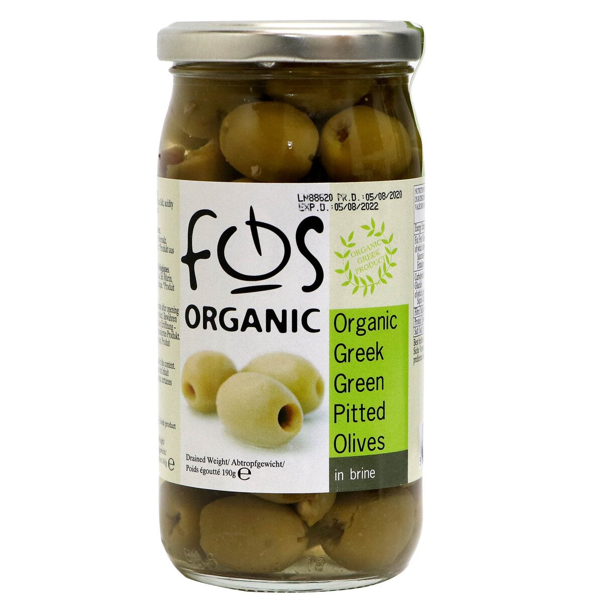 FQS Organic Greek Green Pitted Olives 360g