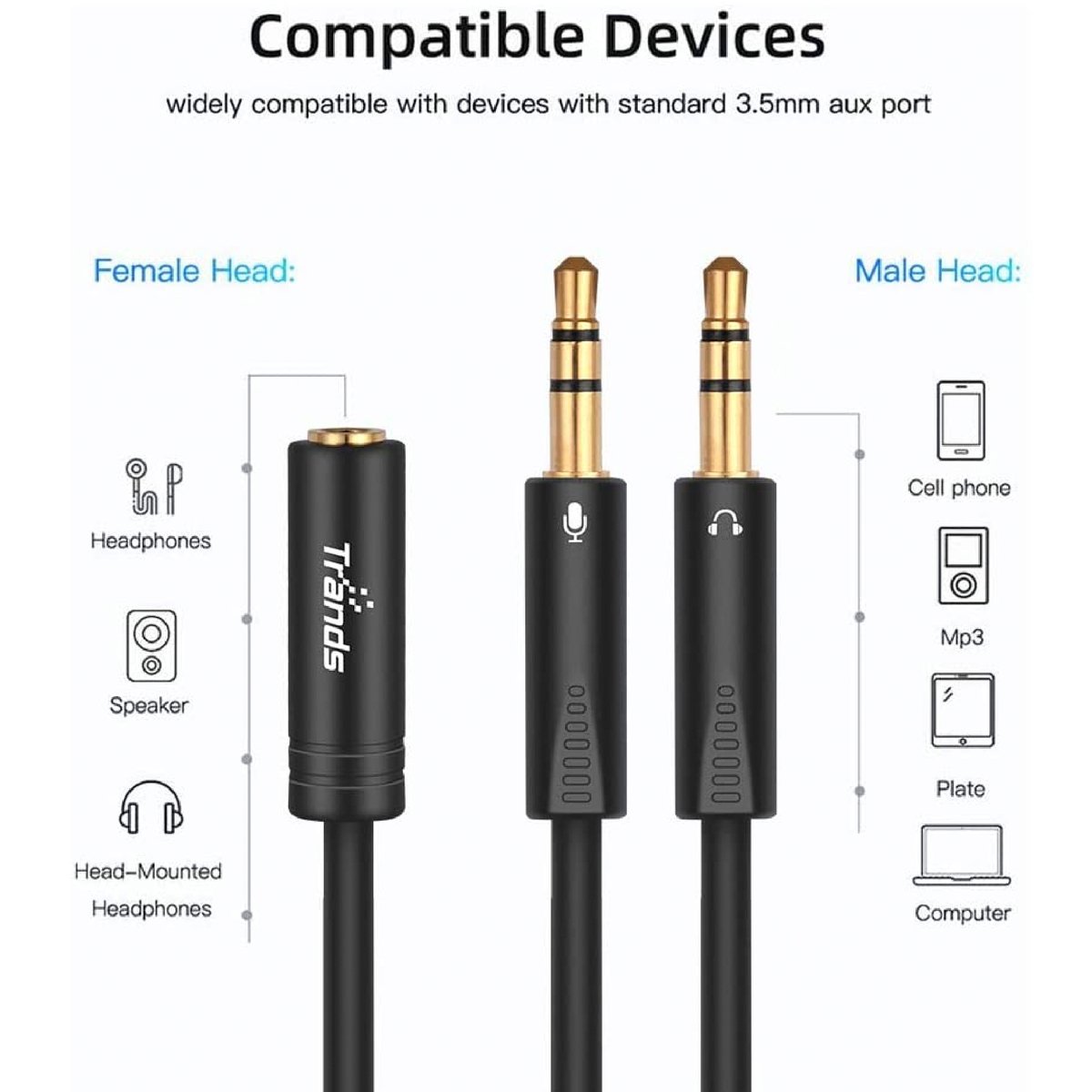 Male 3.5 mm jack to double 3.5 mm jack audio cable