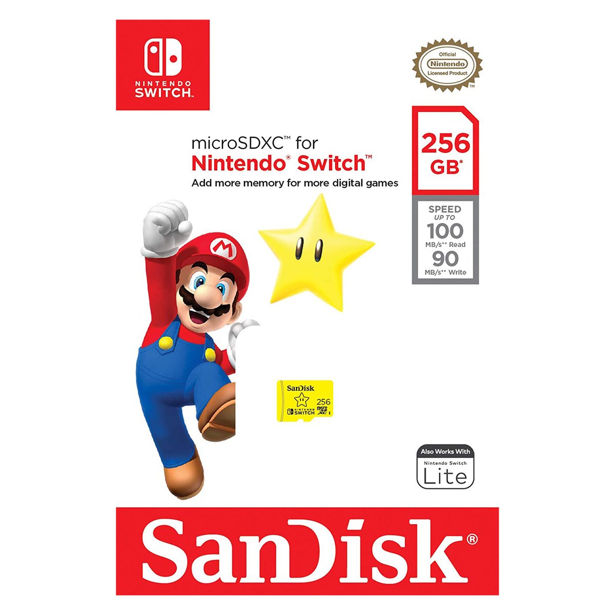 SanDisk and Nintendo Cobranded microSDXC, SQXAO, 256GB, V30, U3, C10, A1, UHS-1, 100MB/s R, 90MB/s W, 4x6, Lifetime Limited