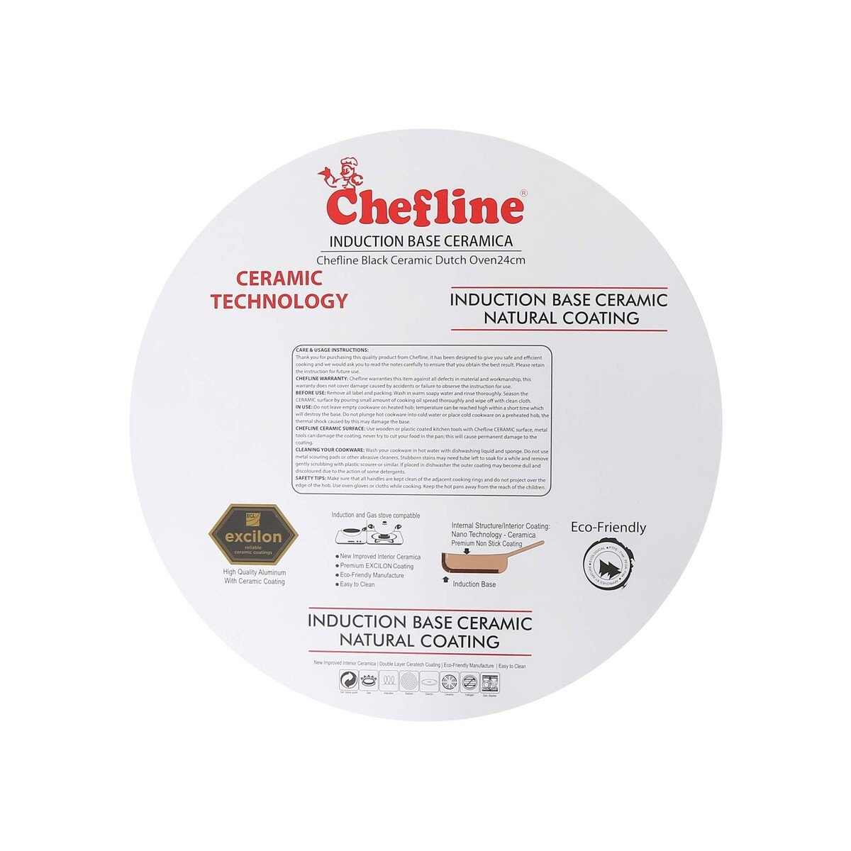 Chefline DZN24 Induction Base Ceramic Natural Coating Dutch Oven, 24 cm, Red