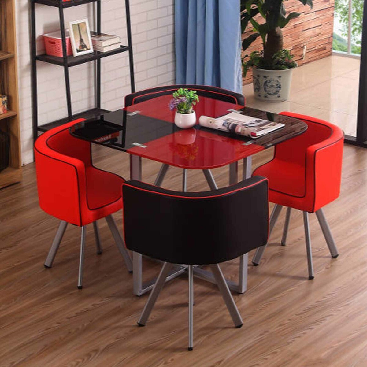 Maple Leaf Home Glass Dining Table Size: H75 x W90 x L90cm + 4 Chair Red & Black Color