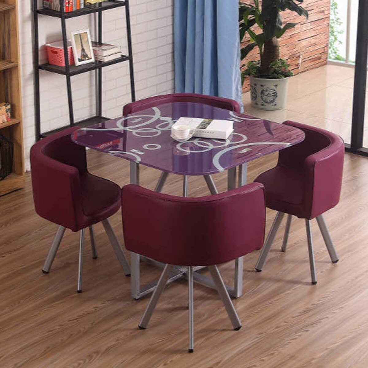 Maple Leaf Home Glass Dining Table Size: H75 x W90 x L90cm + 4 Chair Purple Color