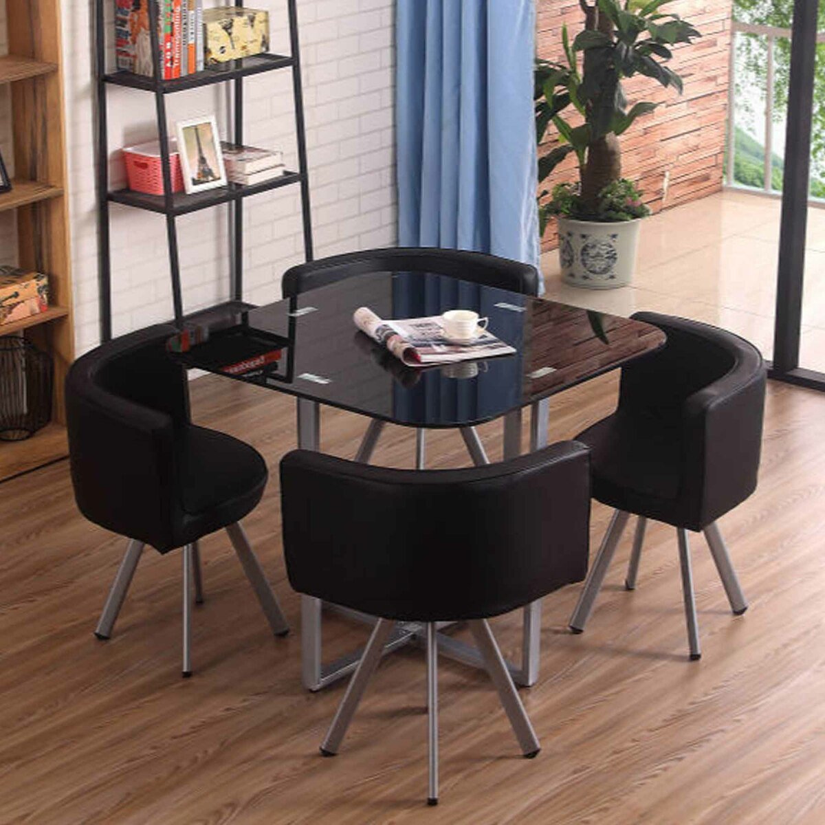 Maple Leaf Home Glass Dining Table Size: H75 x W90 x L90cm + 4 Chair Black Color