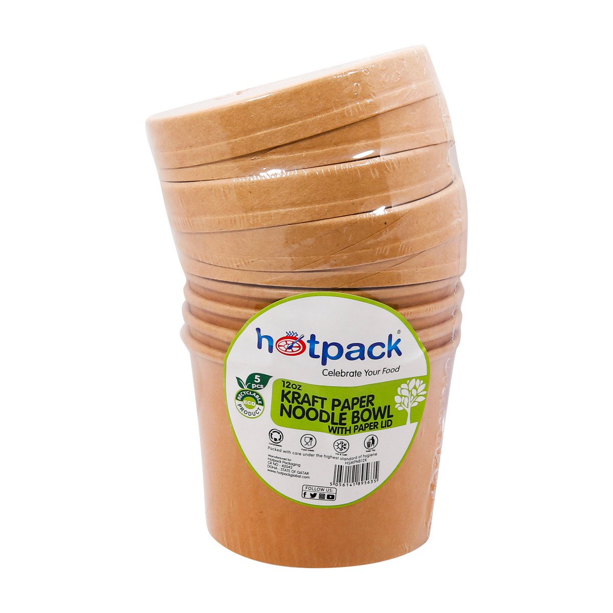 Hotpack Kraft Paper Noodle Bowl with Paper LID 12oz 5pcs