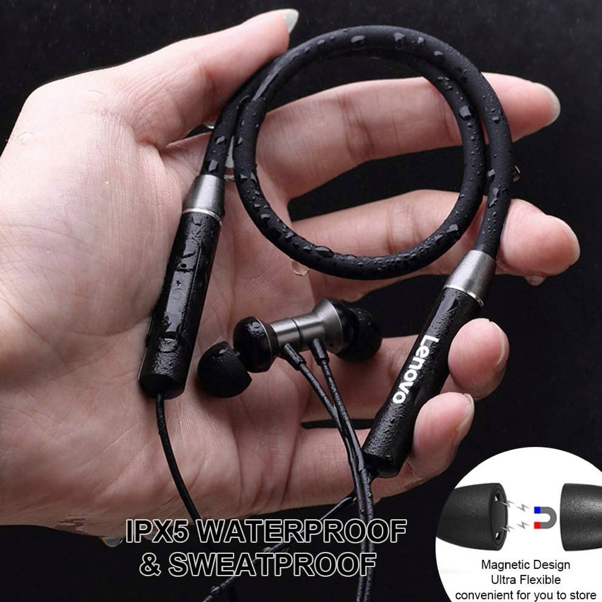 Lenovo Bluetooth Wireless Neckband Earphone Sports Earbuds HE05, Black
