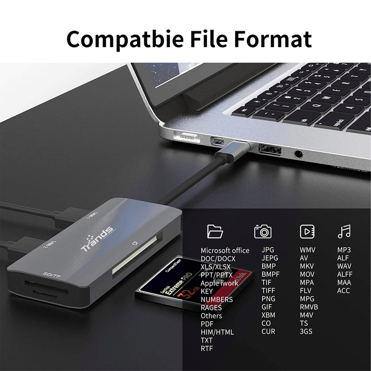 Trands USB-C Adapter with Dual USB 3.0 Ports SD TF CF Card Reader TR-CR3539