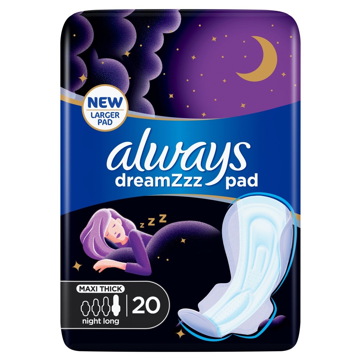 Buy Always Dreamzz Pad Clean & Dry Maxi Thick Night Long Sanitary Pads with Wings 20pcs Online at Best Price | Sanpro Pads | Lulu UAE in UAE