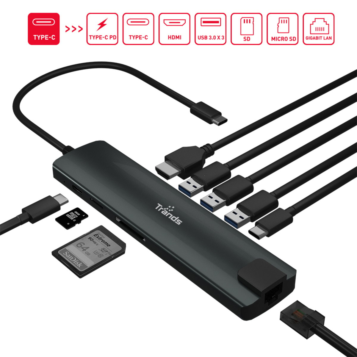 Trands Type-C Hub 9-in-1 USB C to HDMI Multi port Adapter Dock CR6533