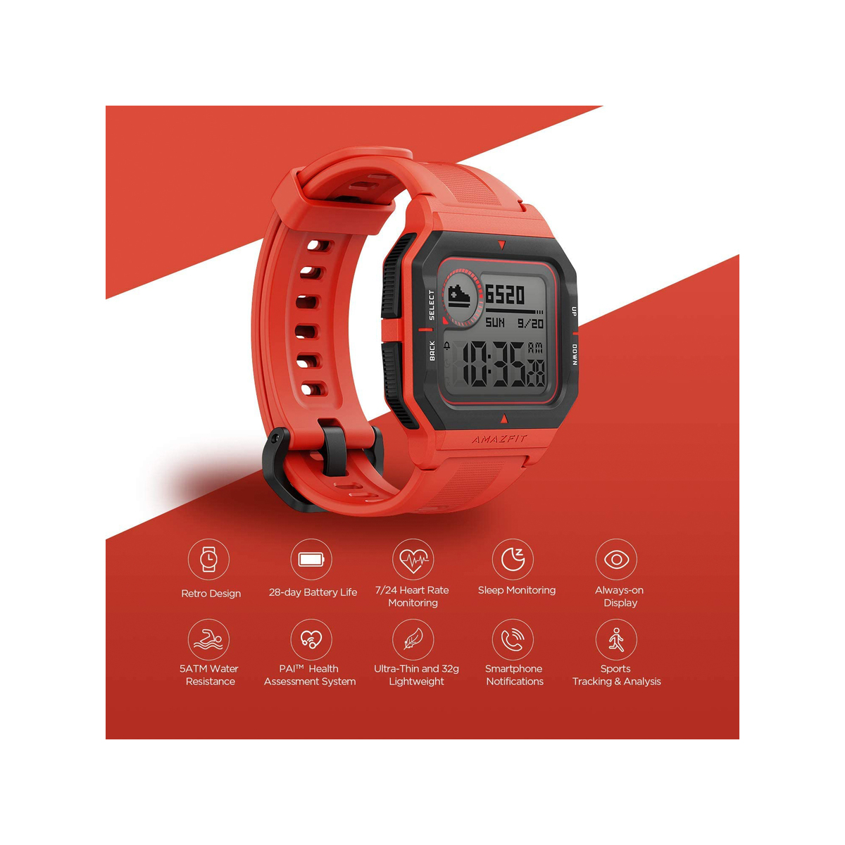 Amazfit Neo(A2001) Fitness Retro Smartwatch with Real-Time Workout Tracking, Heart Rate and Sleep Monitor Neo Red