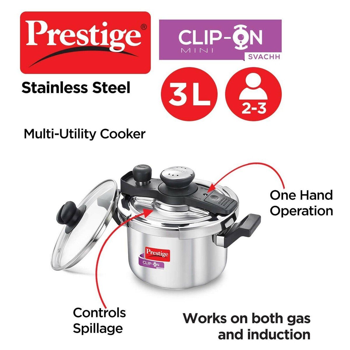 Prestige Stainless Steel Pressure Cooker Clip Svachh + Lid 20231 3Ltr
