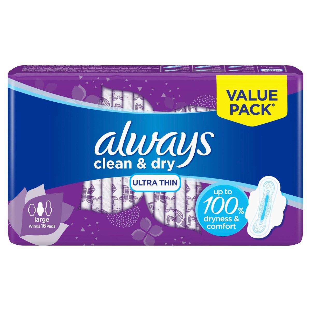 Always Clean & Dry Ultra Thin Large Sanitary Pads with Wings 16pcs