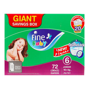Buy Fine Baby Diapers Size 6 Junior 16+kg Pack 72pcs Online at Best Price | Baby Nappies | Lulu Kuwait in Kuwait