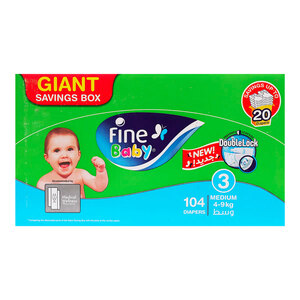اشتري قم بشراء Fine Baby Diapers Size 3 Medium 4-9kg Pack 104pcs Online at Best Price من الموقع - من لولو هايبر ماركت Baby Nappies في الكويت