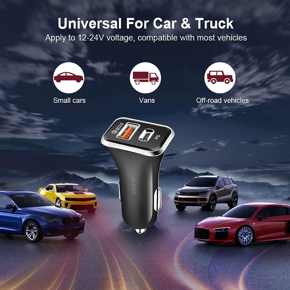 Iends Car Charger with Dual Port (Type-C and USB)AD641, Black