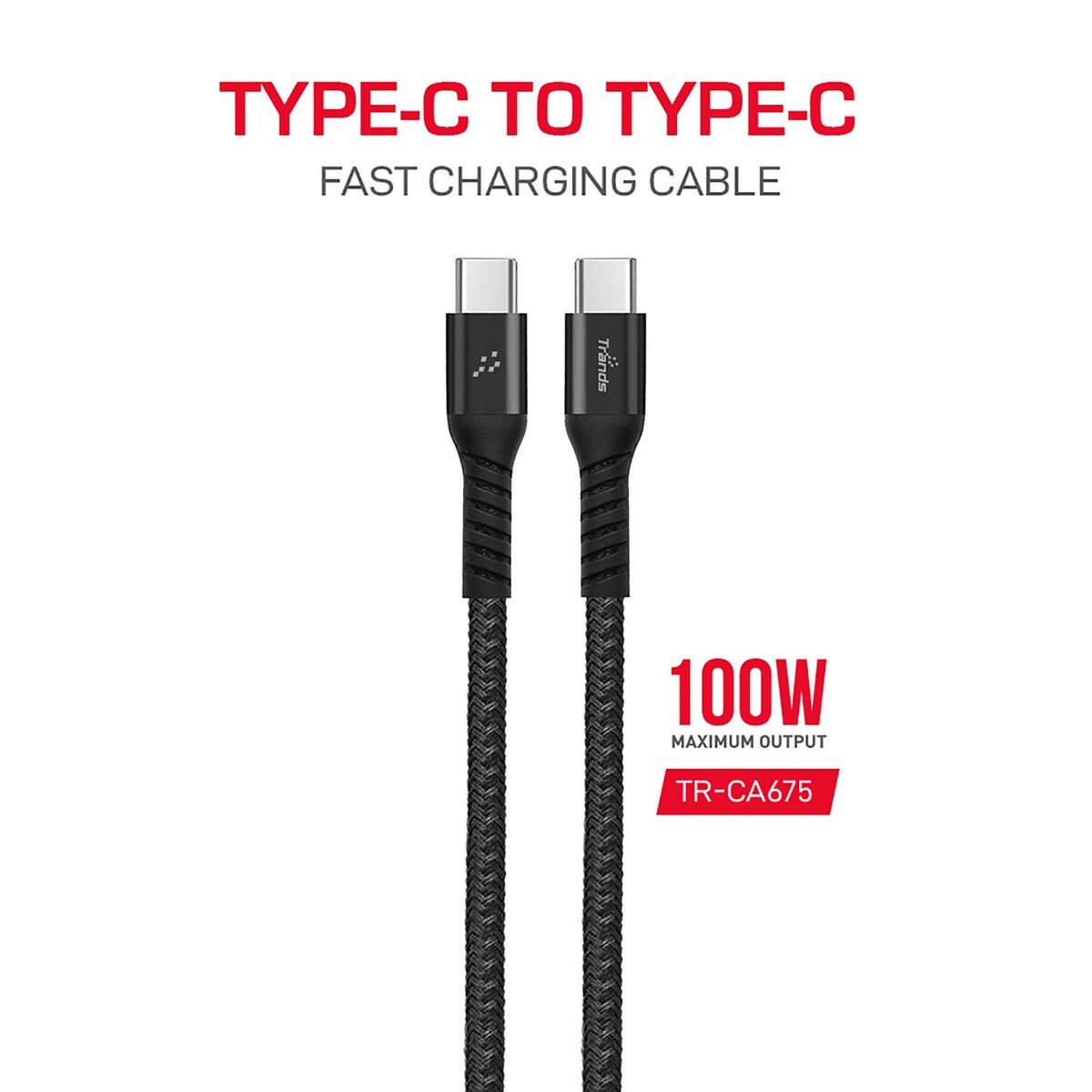 Trands 100W Nylon Braided Type-C Cable 1 meter CA675, Black