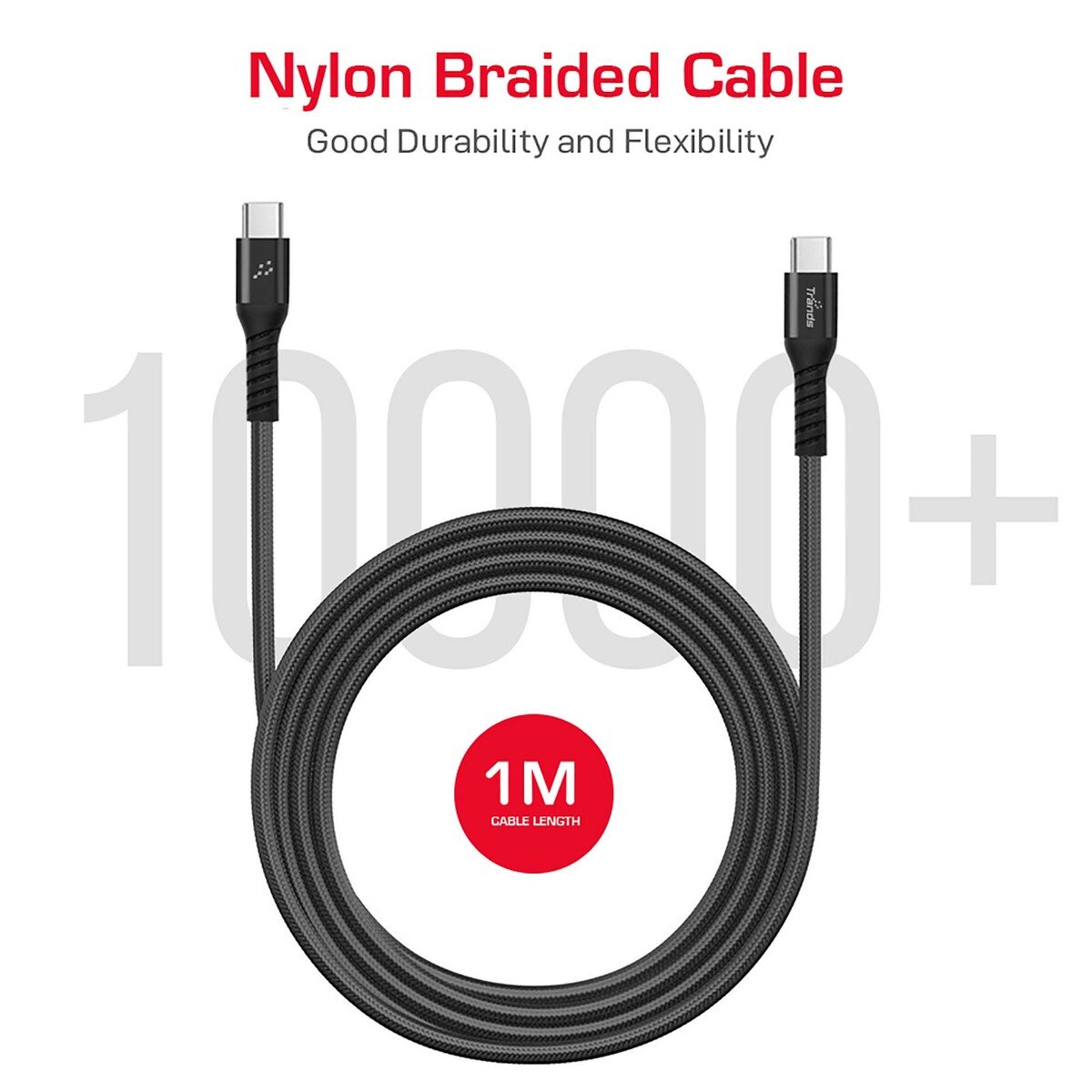 Trands 100W Nylon Braided Type-C Cable 1 meter CA675, Black