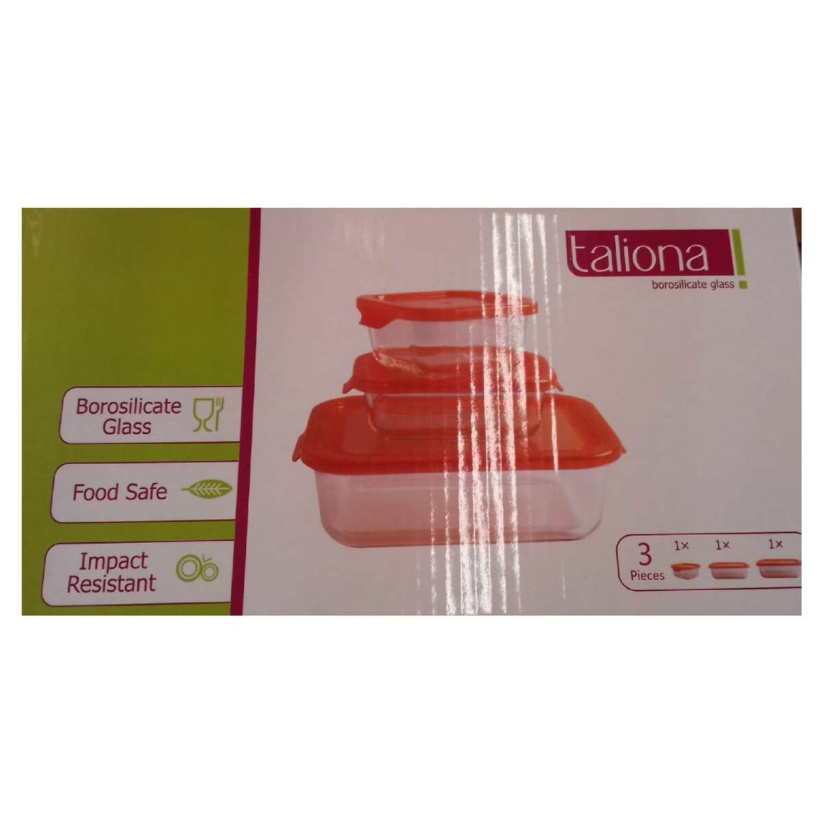 Taliona Rectangle Borosilicate  Glass Container 3pcs Set + Lid TL22133 Assrted Colors