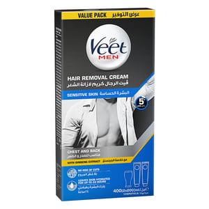 Veet for Men Hair Removal Cream with Ginseng Extract for Chest and Back Sensitive Skin 2 x 200ml