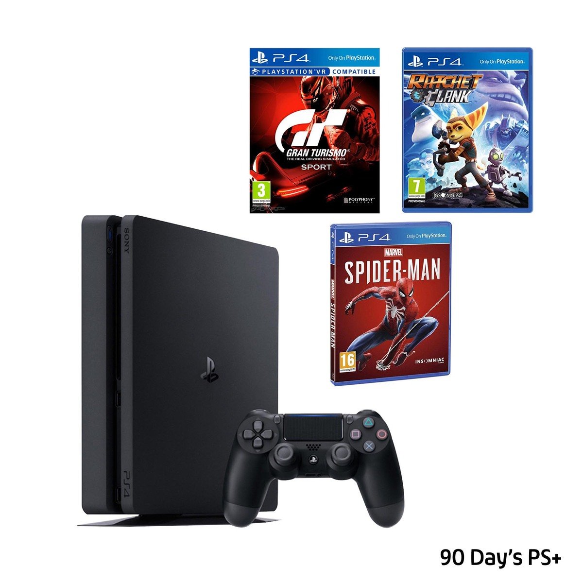 Sony PS4 500GB with Spiderman + GT Sport + Ratchet & Clank + 90 Days PS Plus Subscription