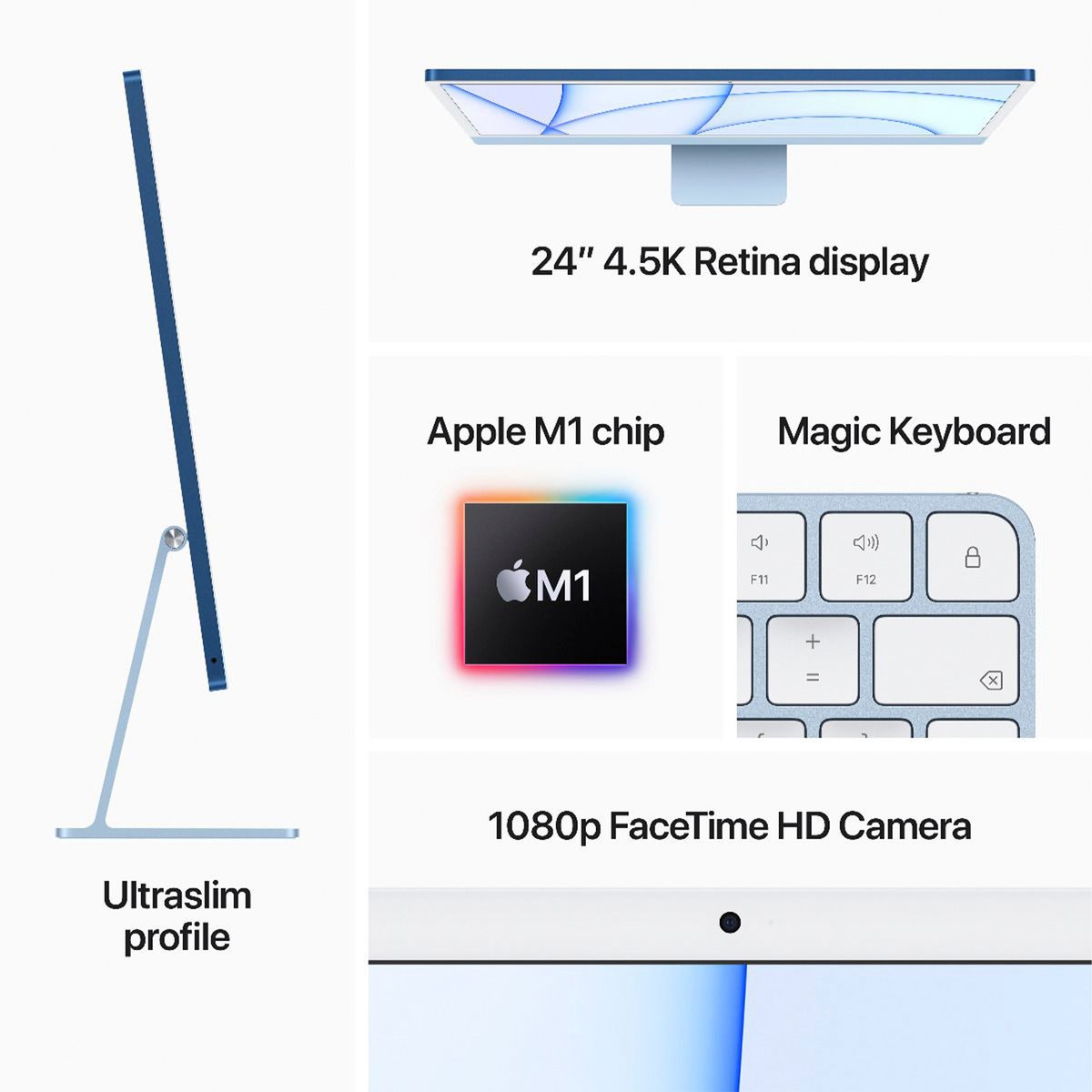 Apple 24-inch iMac with Retina 4.5K display: Apple M1 chip with 8‑core CPU and 7‑core GPU, 256GB - Blue (MJV93ZS/A) English Keyboard