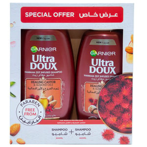 اشتري قم بشراء Garnier Ultra Doux Shampoo Healing Castor & Almond Oils 600 ml + 400 ml Online at Best Price من الموقع - من لولو هايبر ماركت Shampoo في الكويت