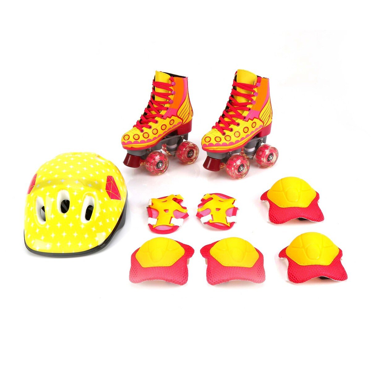 سبورتس إنك حذاء تزلج للأطفال بأربع عجلات و أضاءة LED + خوذة + طقم دعم للاكواع + طقم داعم للركبة HJ-F019 مقاس 30 سمول