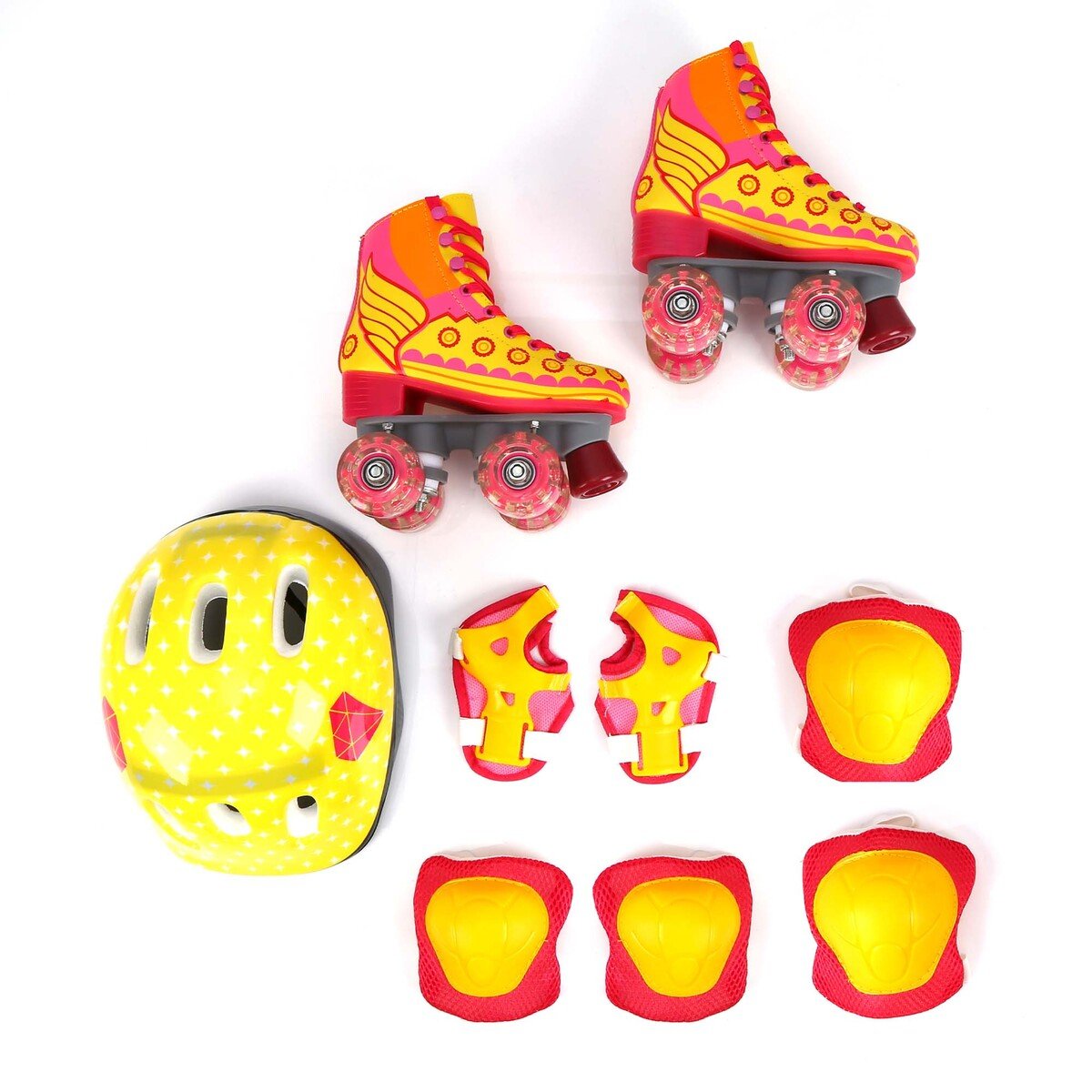 سبورتس إنك حذاء تزلج للأطفال بأربع عجلات و أضاءة LED + خوذة + طقم دعم للاكواع + طقم داعم للركبة HJ-F019 مقاس 30 سمول