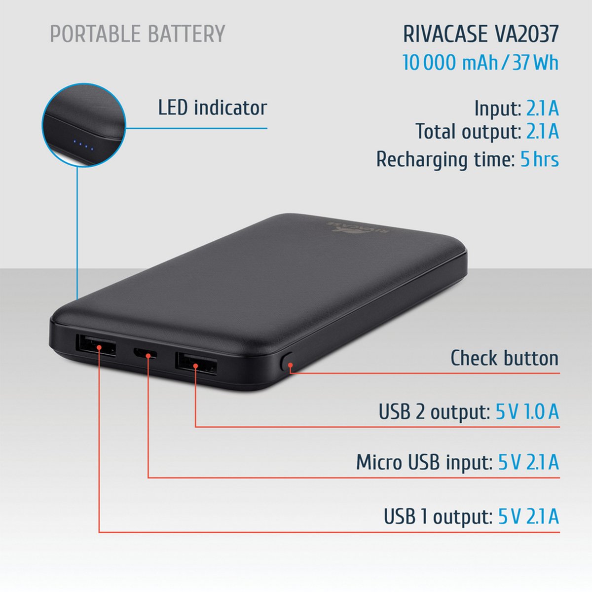 Rivacase Power Bank 10000mAh VA2037 Portable Rechargeable Battery