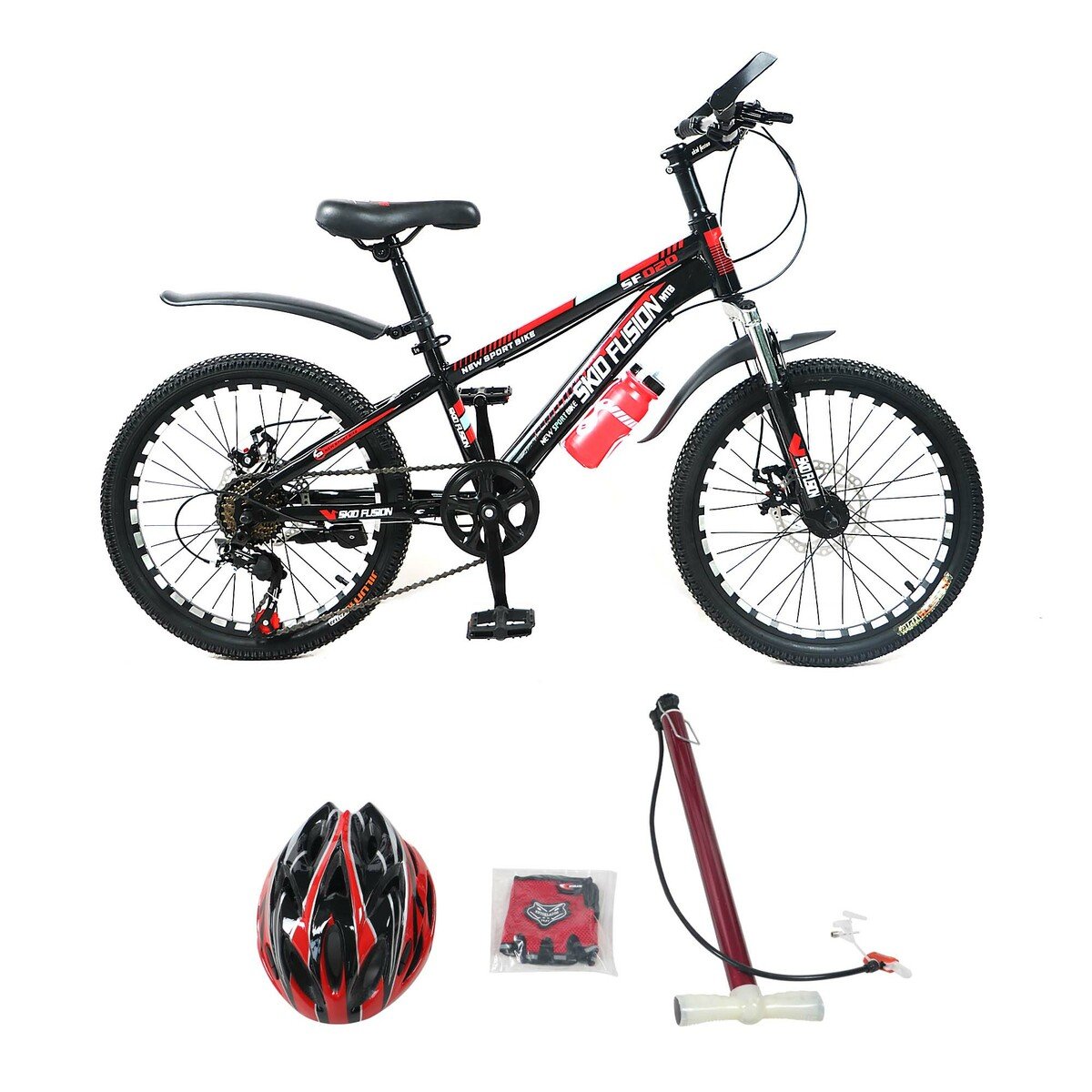 Skid Fusion Bicycle 20" + Helmet + Gloves + Hand Pump BD1 - Red
