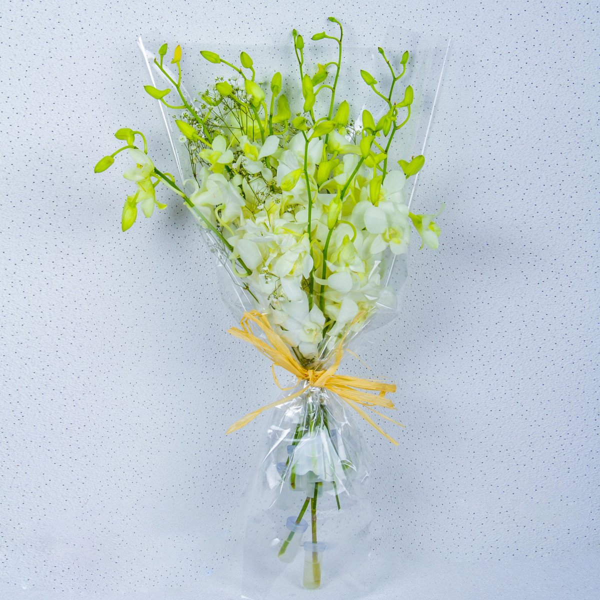 Facing White Dendrobium Orchids Bunch With Baby Breath