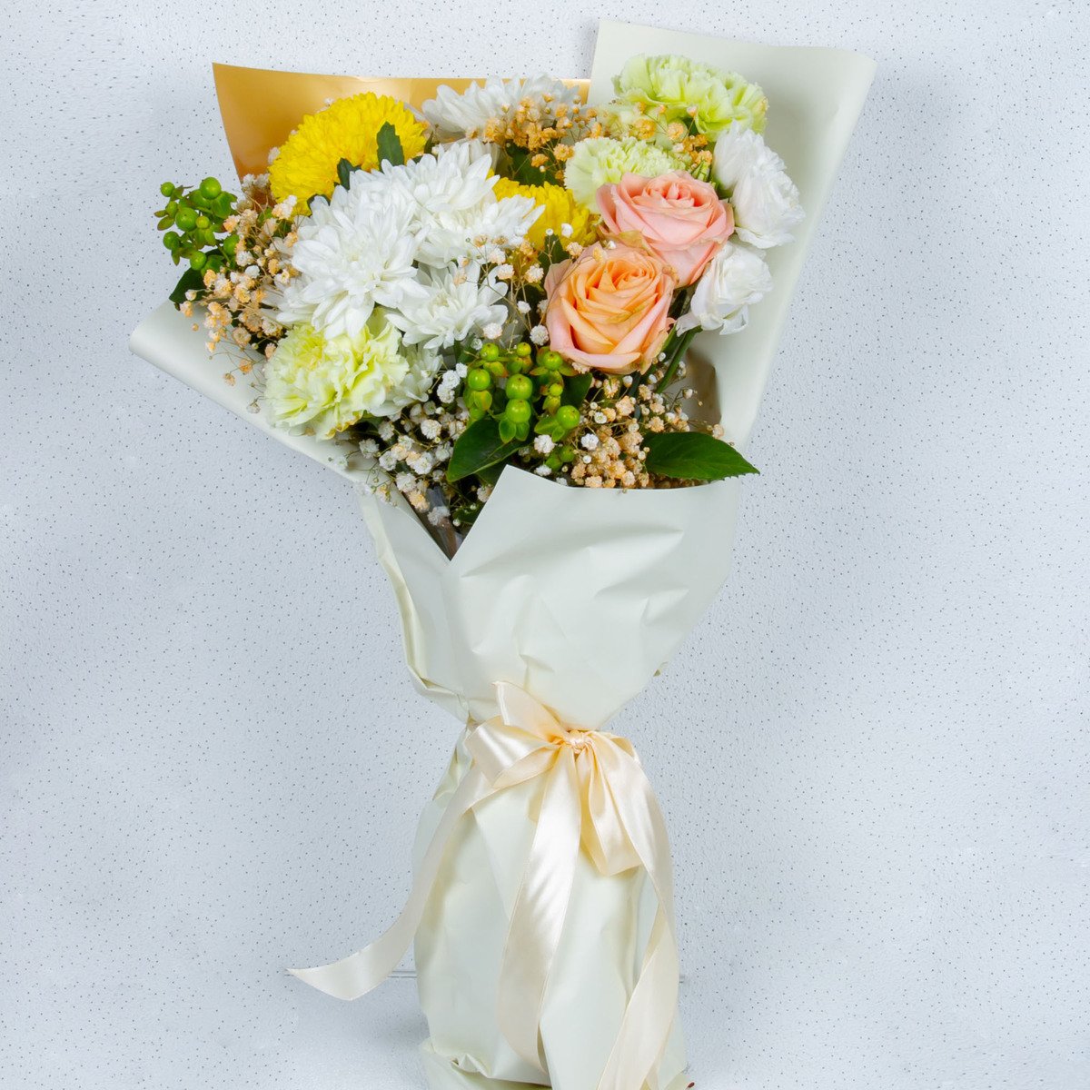 Handtied Bouquet With Rose, Mums And Peach Baby Breath