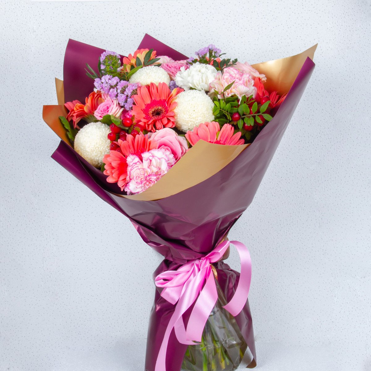 Handtied Bouquet Of Germini, Mums And Roses In Premium Packing