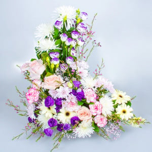 Facing Crescent Shape Arrangement With Gemini, Roses, Mums And Eustoma