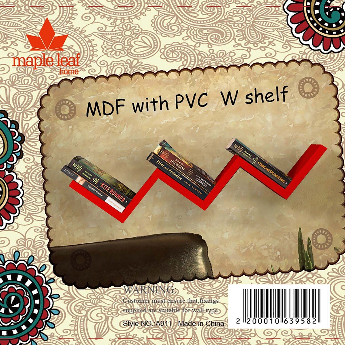 Maple Leaf MDF Wood With PVC W Shape Wall Shelf 58.8x11.8x11.8cm A911S Red