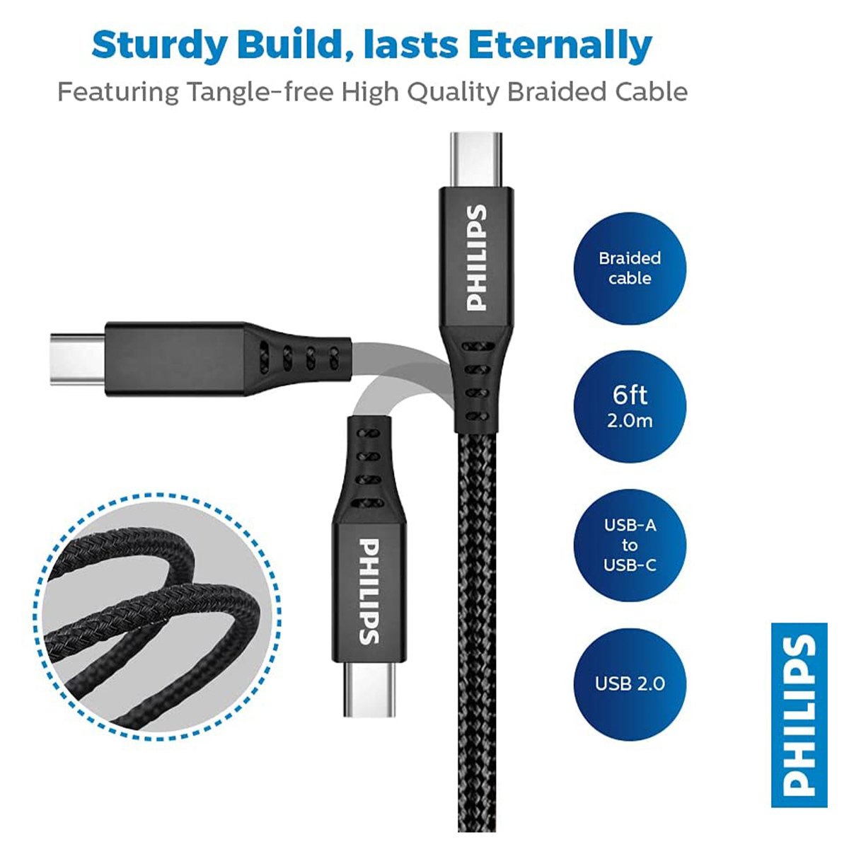 Philips USB-A to USB-C Braided Cable 2M DLC5206A/00 (Black)