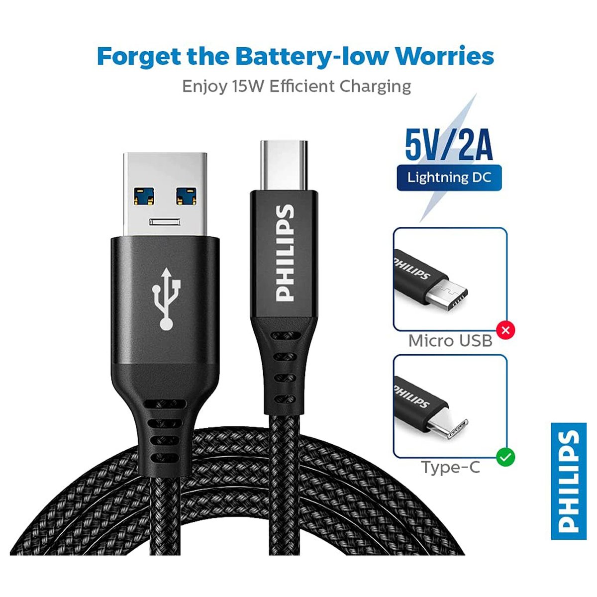 Philips USB-A to USB-C Braided Cable 2M DLC5206A/00 (Black)