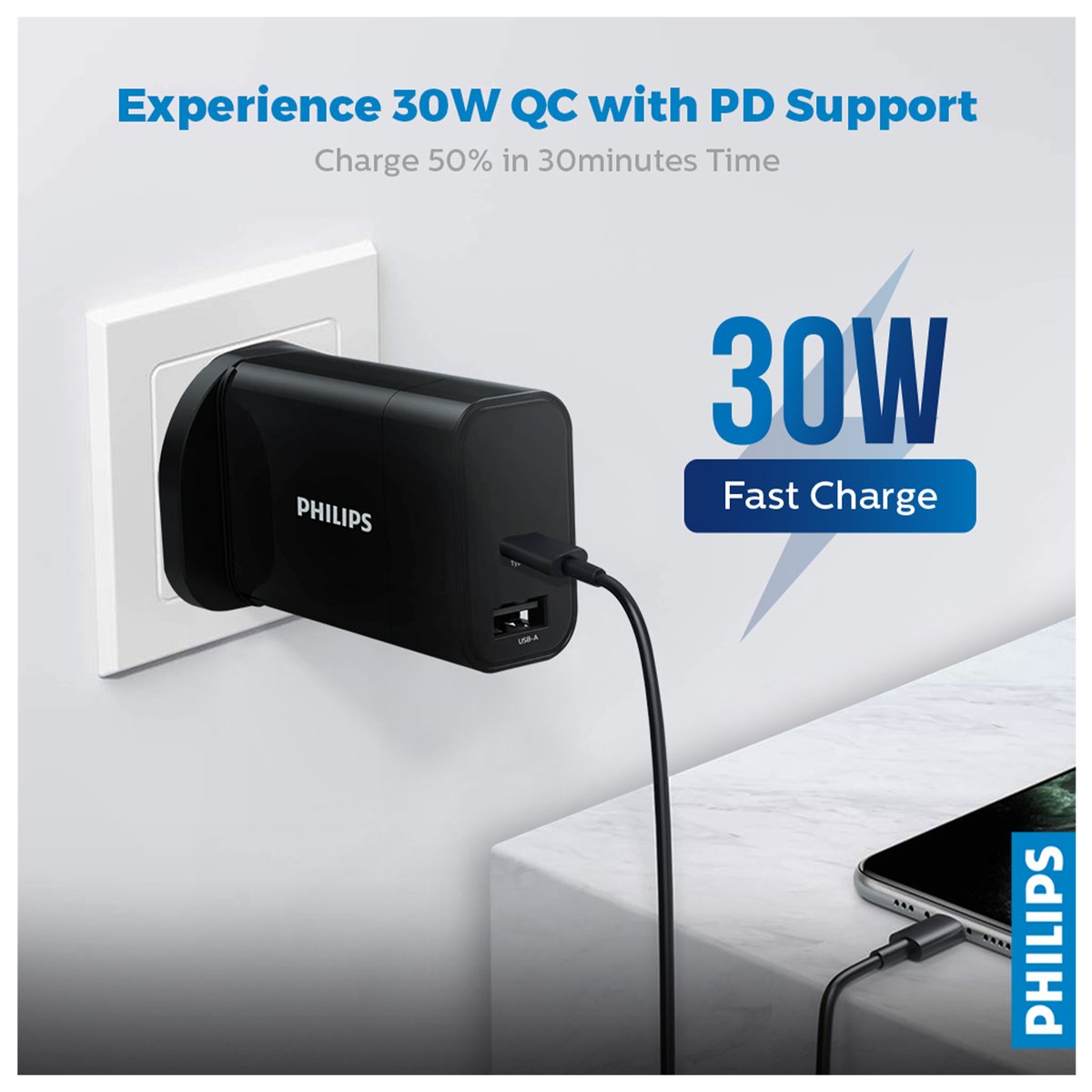 Philips 30W PD+QC Wall Charger, Black -DLP2621/05