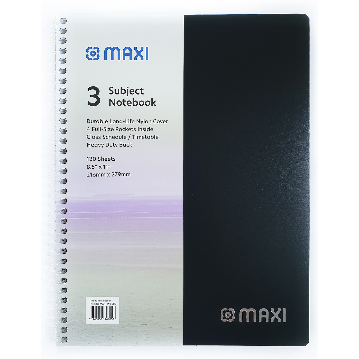 Maxi Spiral Polypropylene 3 Subject Notebook, 11 inch X 8.5 inch,120 Sheets, Assorted Colours, MX-11-PPSUB3