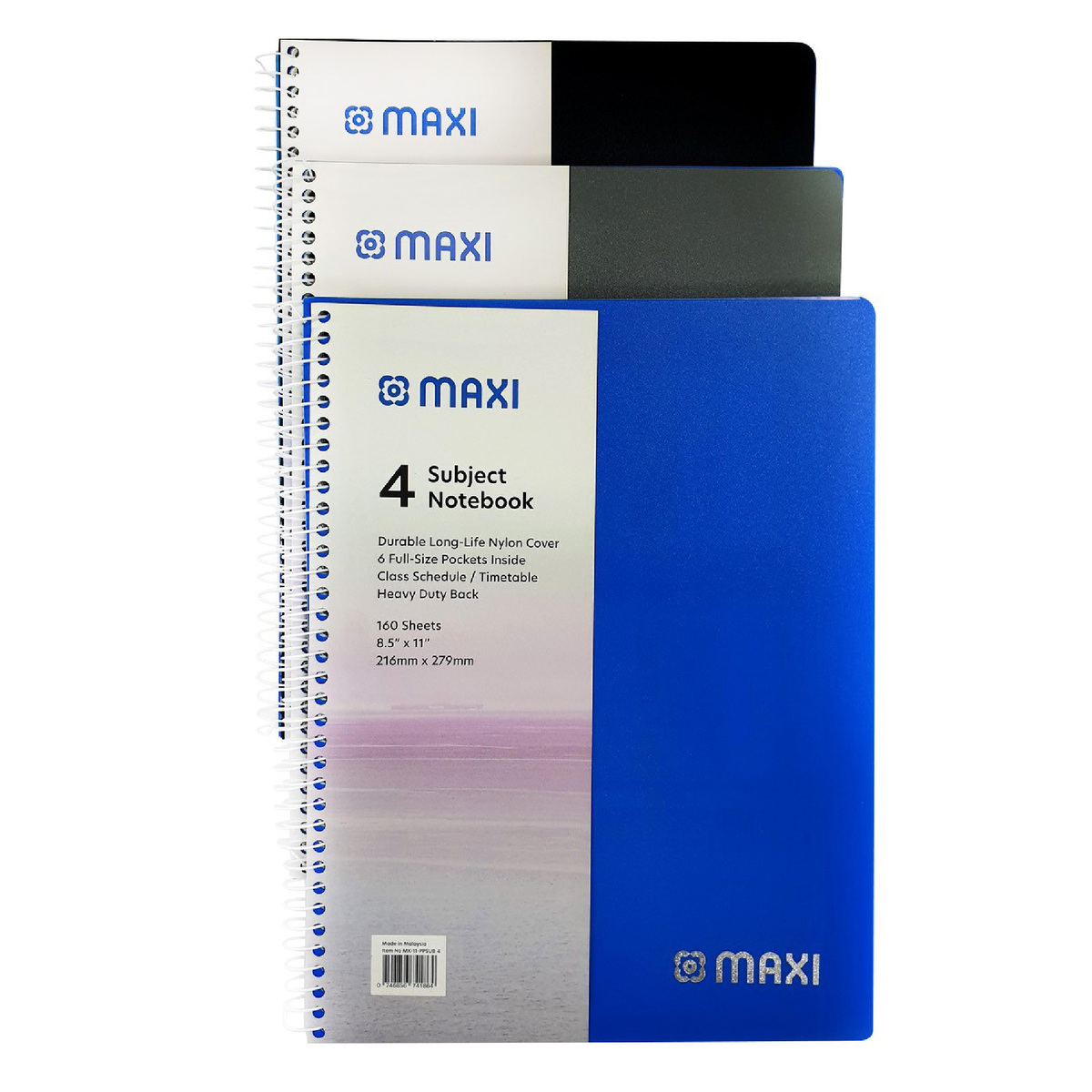 Maxi Spiral Polypropylene 4 Subject Notebook, 11 inch X 8.5 inch, 160 Sheets, Assorted Colours, MX-11-PPSUB4