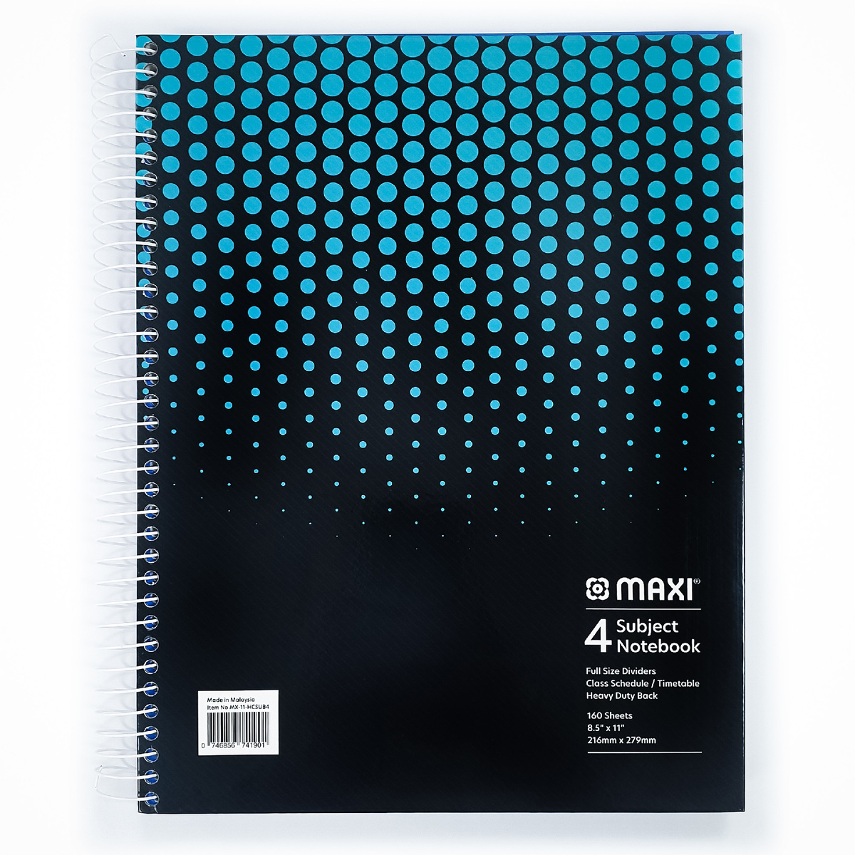 Maxi Spiral Hard Cover 4 Subject Notebook, 11 inch X 8.5 inch, 160 Sheets, Assorted Colours, MX-11-HCSUB4