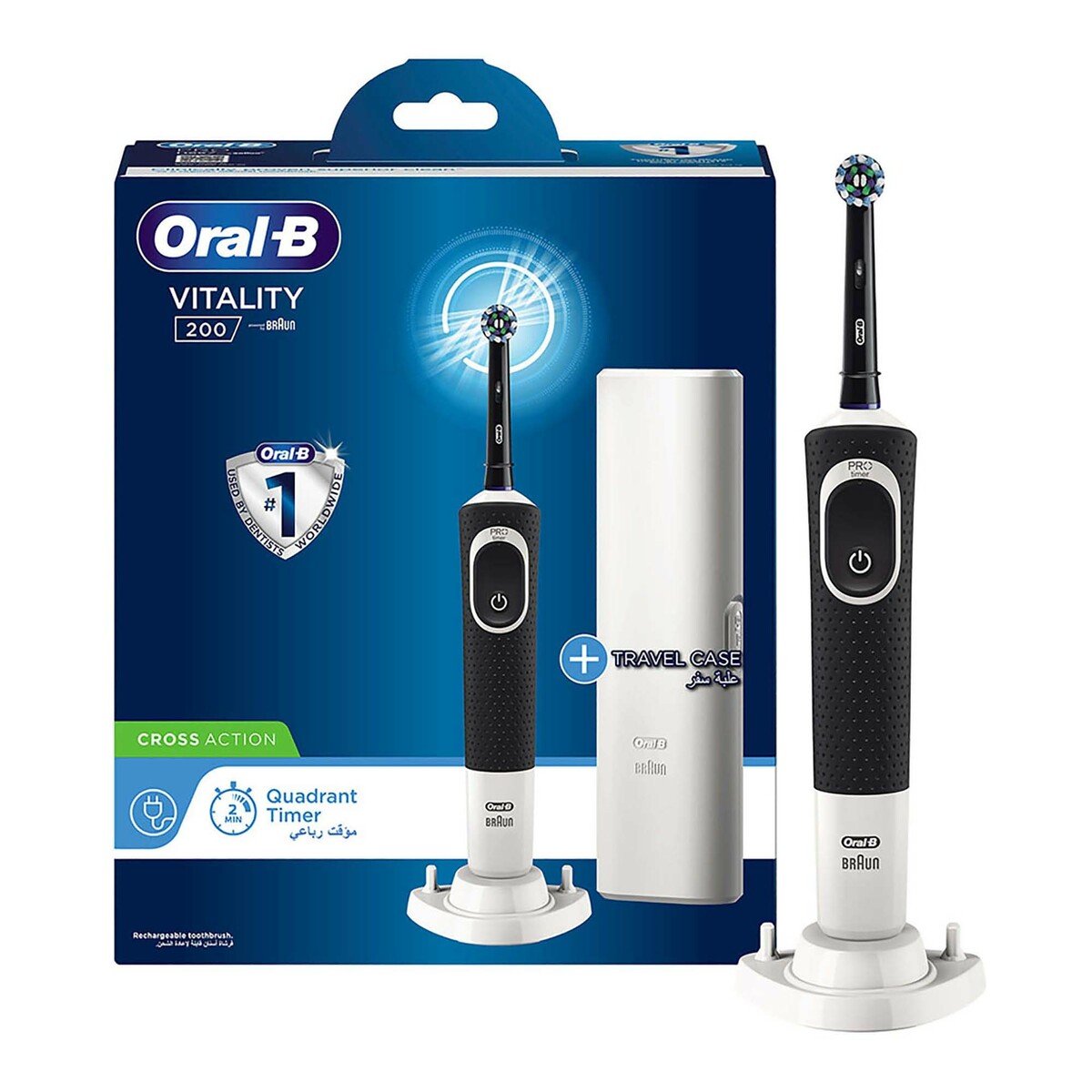 Oral-B D100 Vitality Cross Action Rechargeable Toothbrush With Travel Case D100.414.1X CA Black