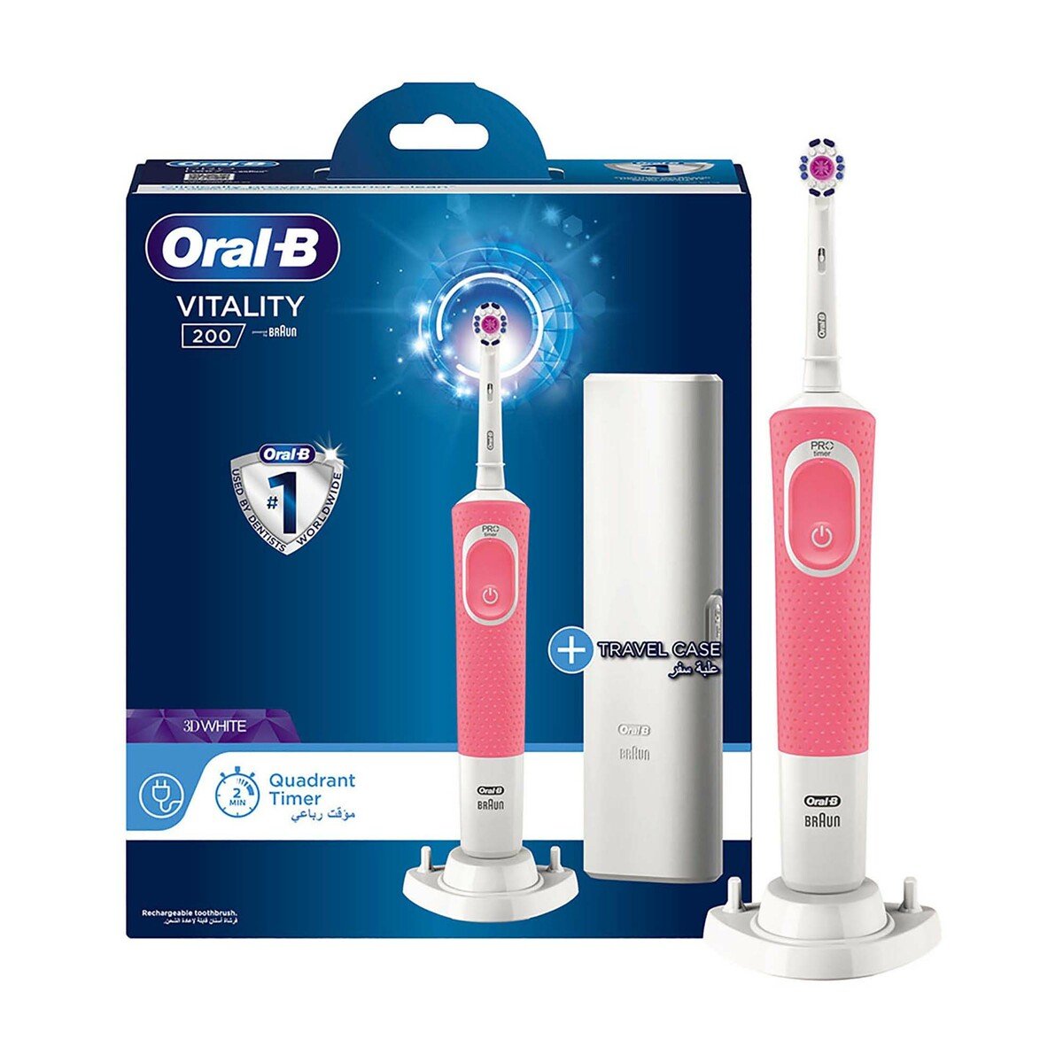 Oral-B D100 Vitality Cross Action Rechargeable Toothbrush With Travel Case D100.414.1X W Pink