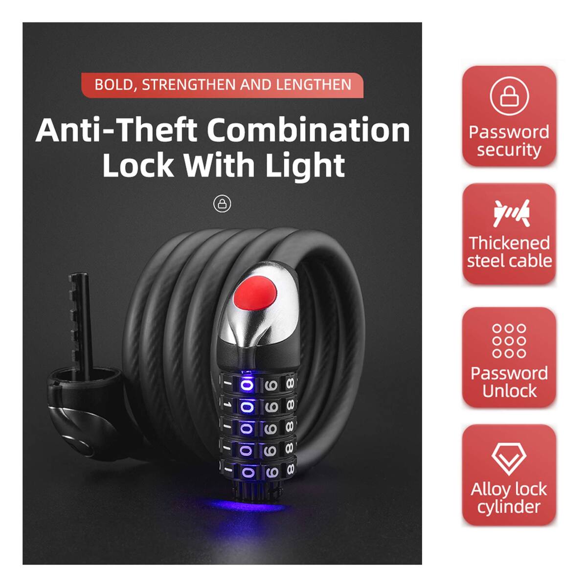 ROCKBROS Anti-Theft Combination Lock with Light RKS531-BK