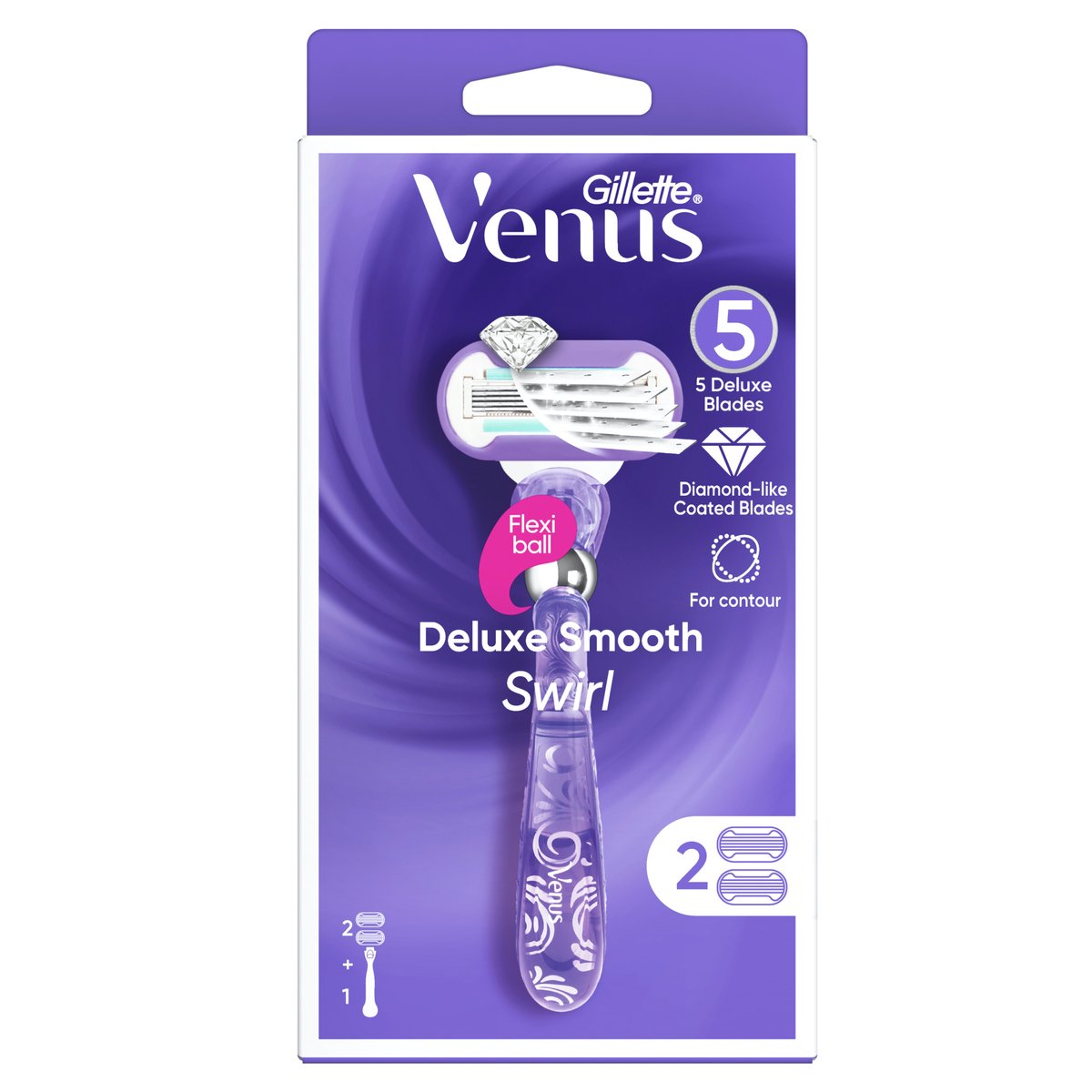 Gillette Venus Deluxe Smooth Swirl Women's Razor Handle + 2 Razor Blade Refills