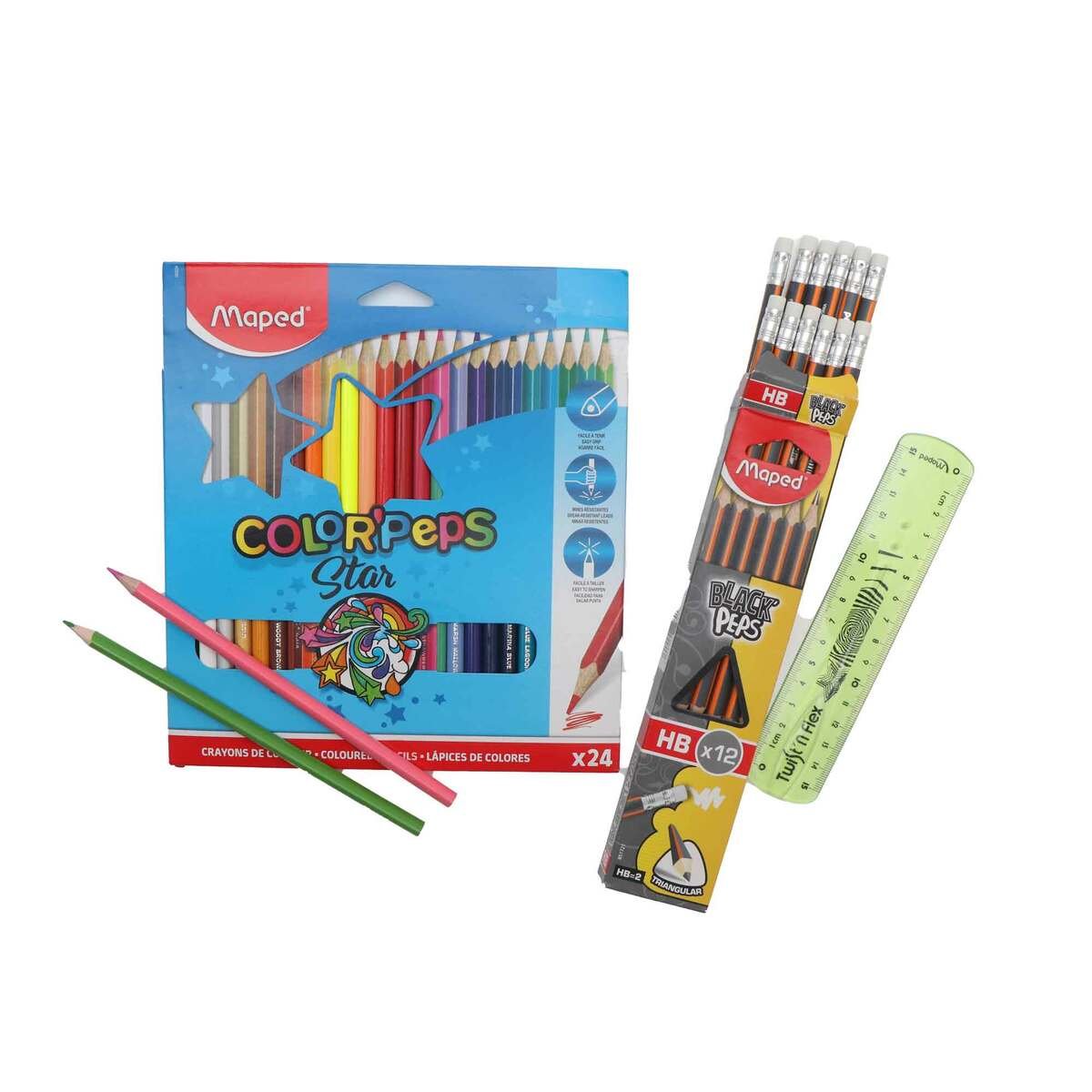 Maped ColorPeps Star Color Pencils 24's + BlackPeps HB Triangular Pencils 12's + Twist n Flex Flexible Ruler 15cm