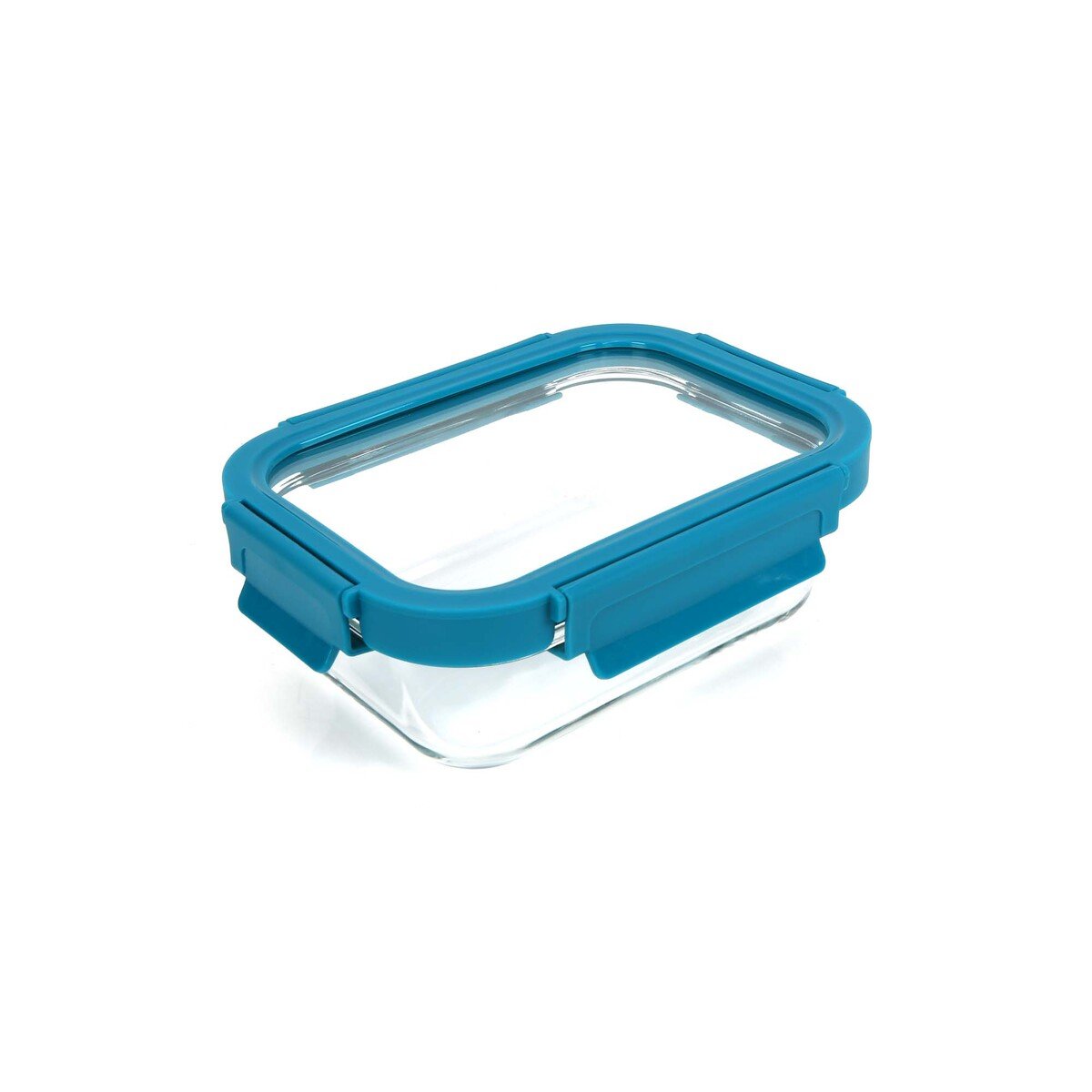 Chefline Rectangle Food Storage Glass Container With Lid, Blue (Teal Blue), 370 ml