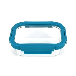 Chefline Rectangle Food Storage Glass Container With Lid, Blue (Teal Blue), 1050 ml